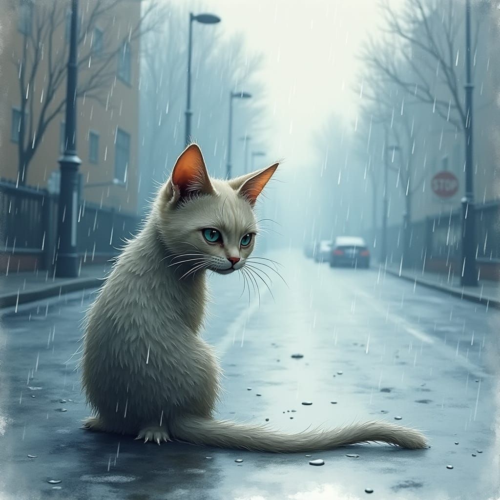 Sad Cat in Rain Watercolor Illustration