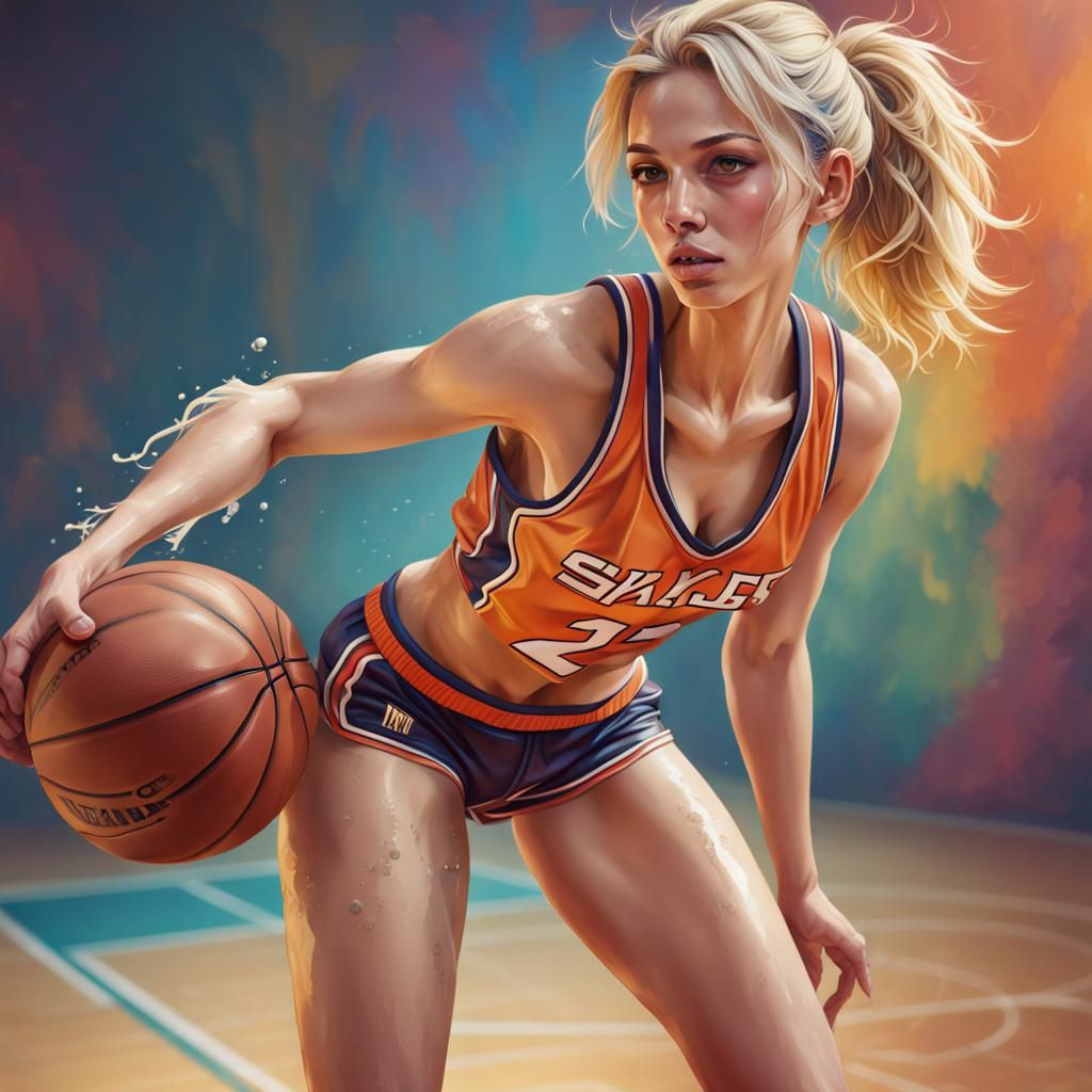 Blonde Woman in Basketball Uniform: Hyperrealistic Splash Ar...