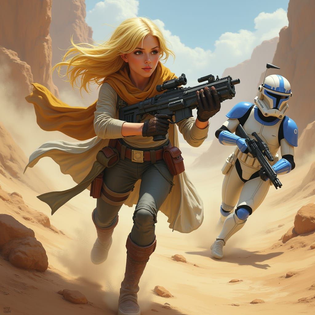 Blonde Bounty Hunter Chases Clone Trooper Across Naboo