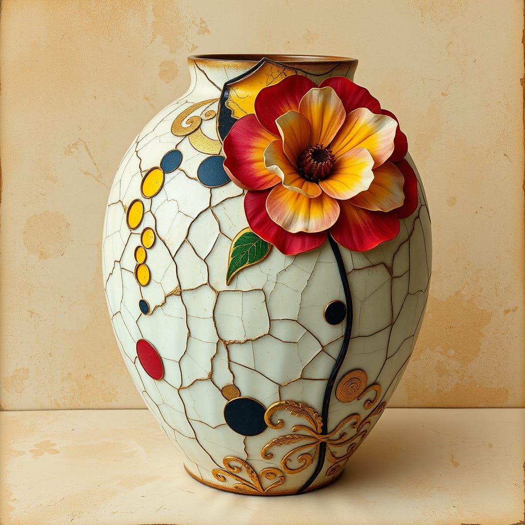 Kintsugi Vase in Cubist Style with Golden Filigree