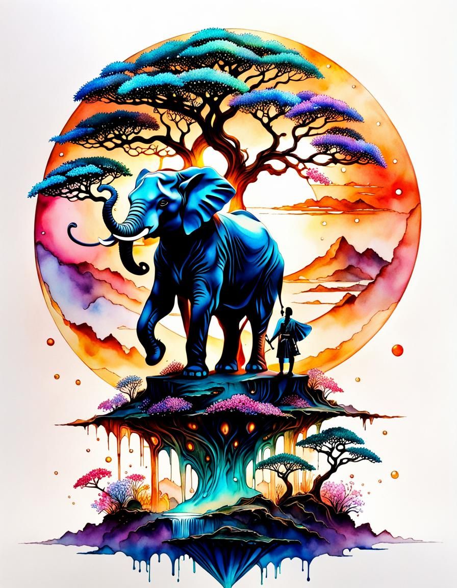 African Elephant Sunset in Watercolor Calligraphy