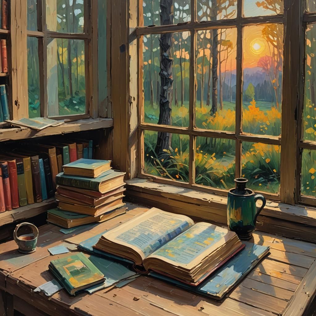 Neo-Impressionist Books Reflect Sunset Forest View