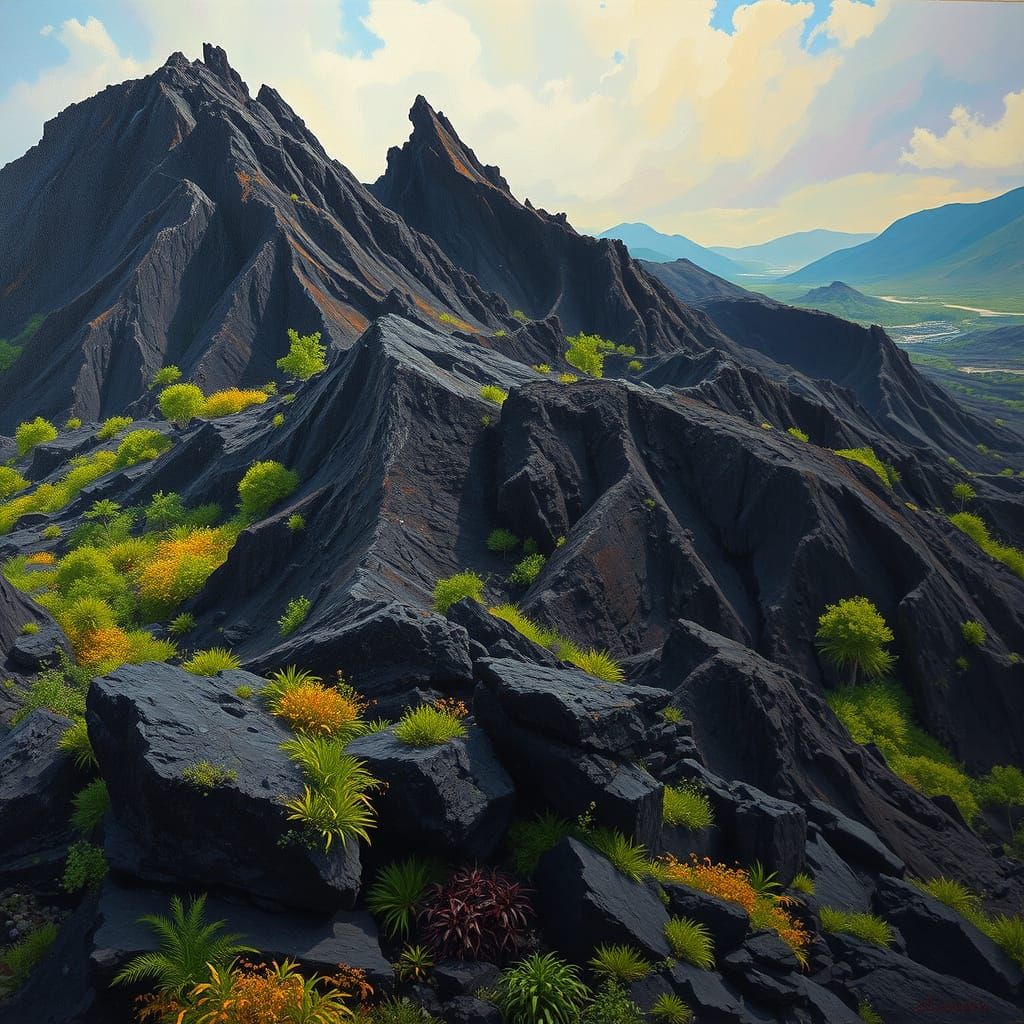Vibrant Volcanic Landscapes in Oil Painting Style