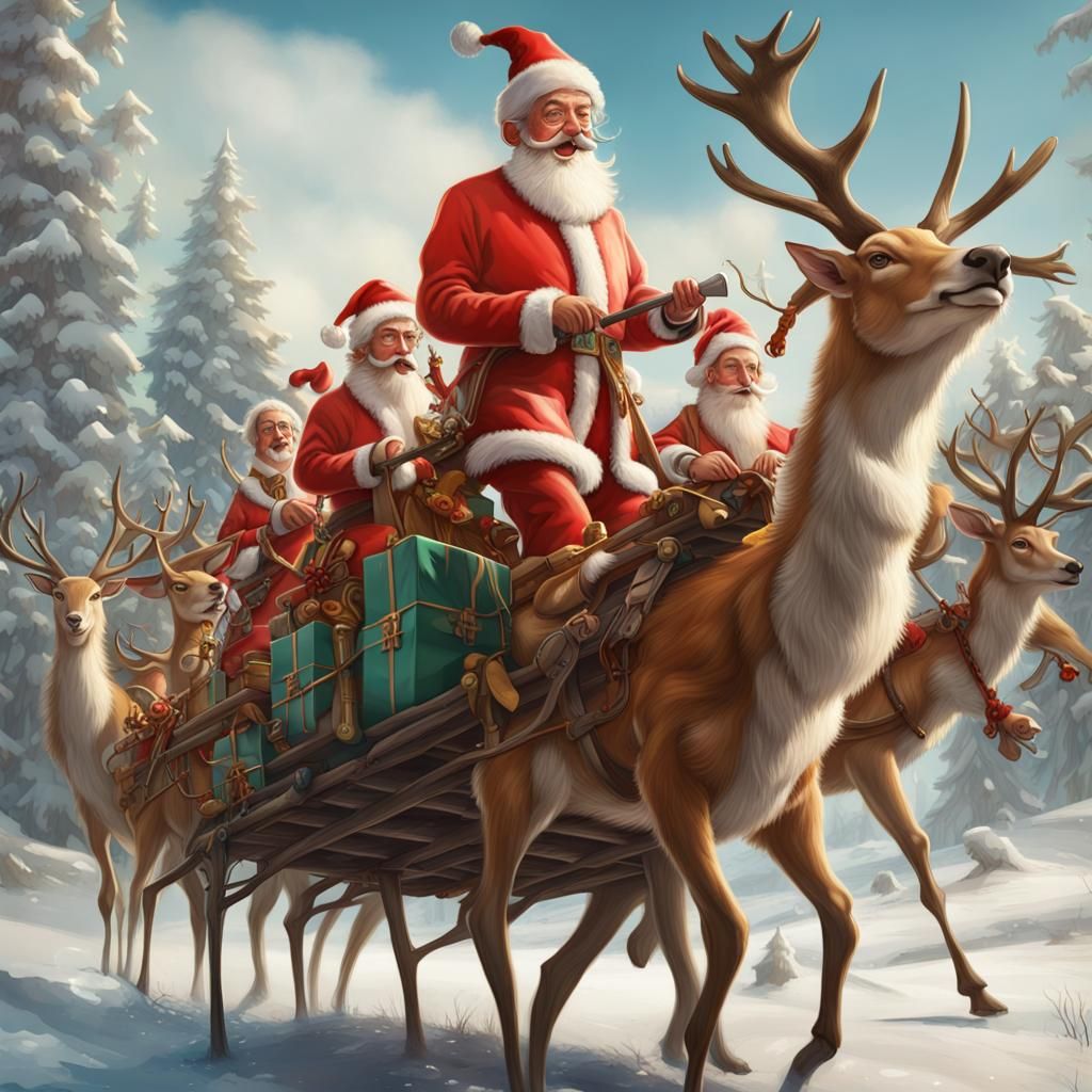 Miniature Santas on Reindeer in Salvador Dali Style