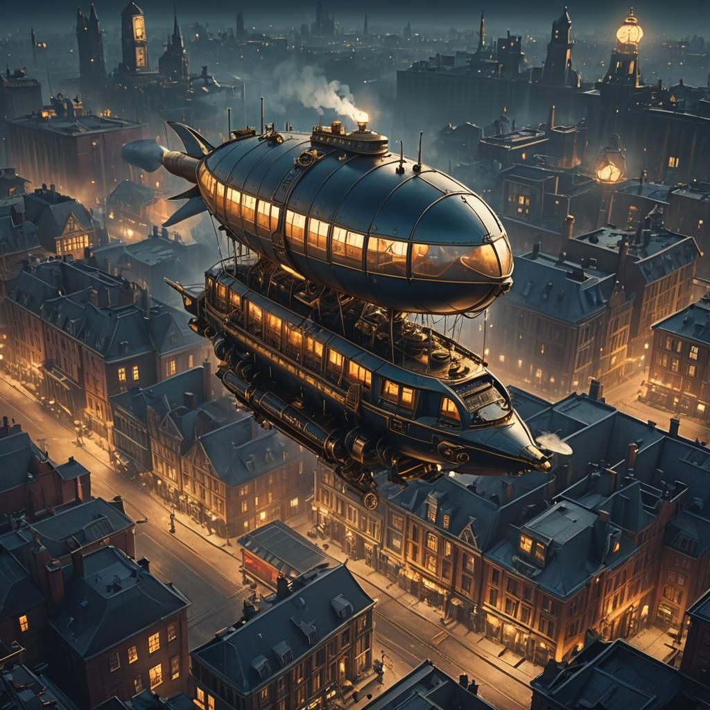 Steampunk Airship Over Industrial Victorian Cityscape
