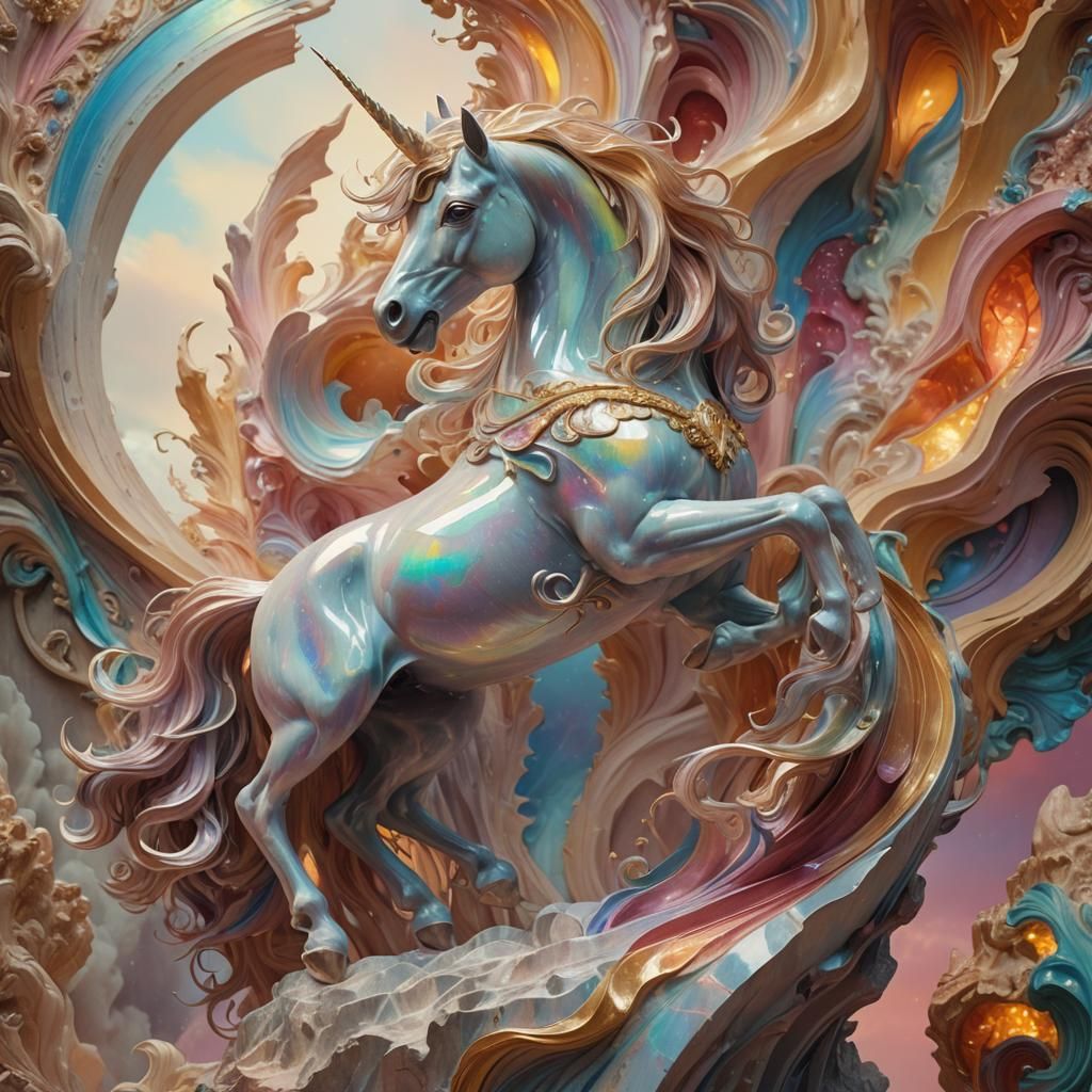 Iridescent Marble Unicorn in Art Nouveau Style