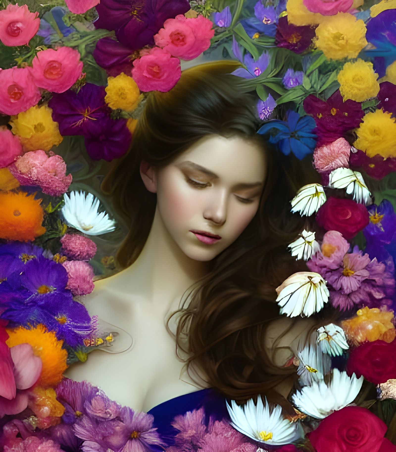 Girl Surrounded by Flowers, Digital Art