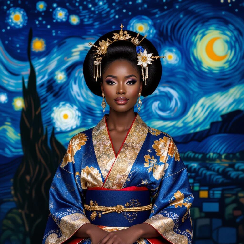 Black Woman in Blue Gold Kimono Against Starry Night