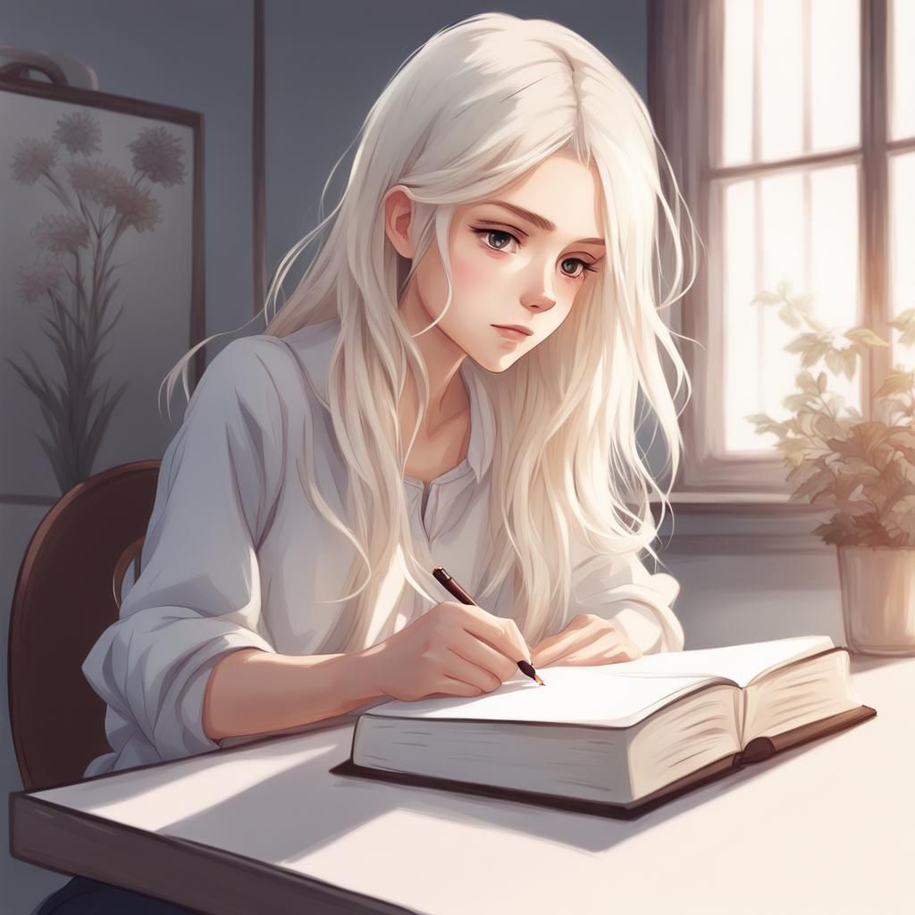 Teenage Girl Writes in Notebook: Anime Illustration
