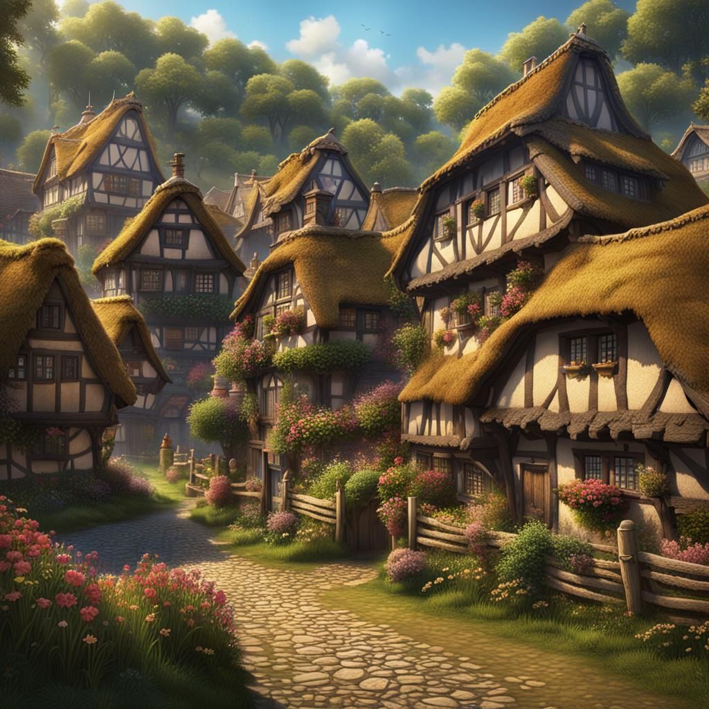 Charming Village with Thatched Roofs: Fantasy Art