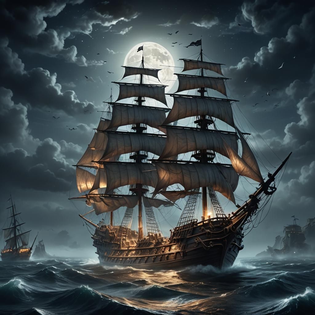 Ghost Pirate Ship Sailing Under the Moon
