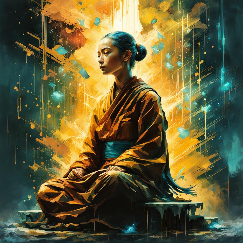 Meditating Monk in Electric Sunshine Matrix: Digital Art