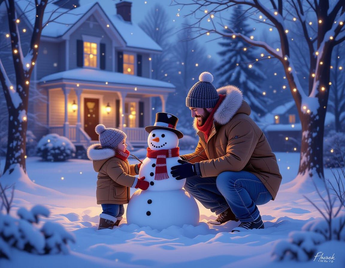 Father and Child Build Snowman in Winter Twilight