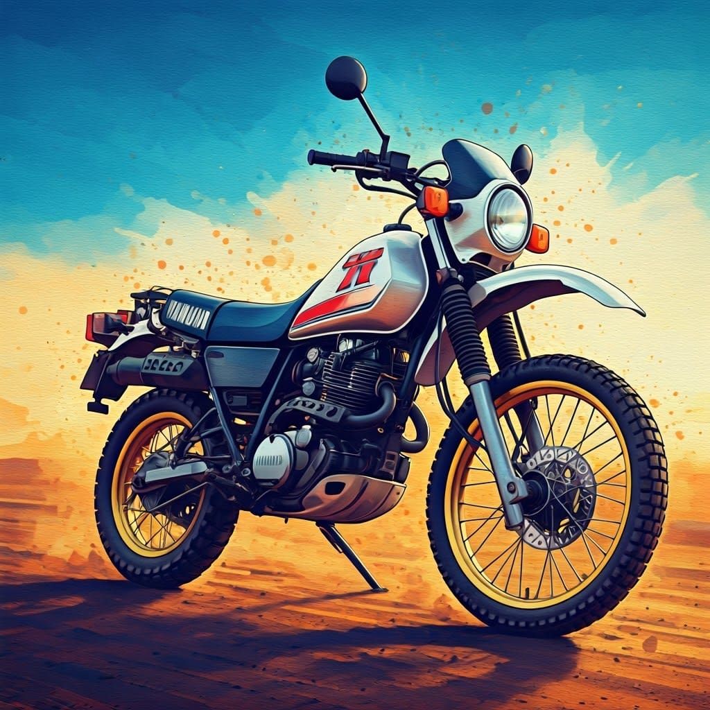 Vintage Yamaha XT 600 at Sunset in Splattered Watercolour