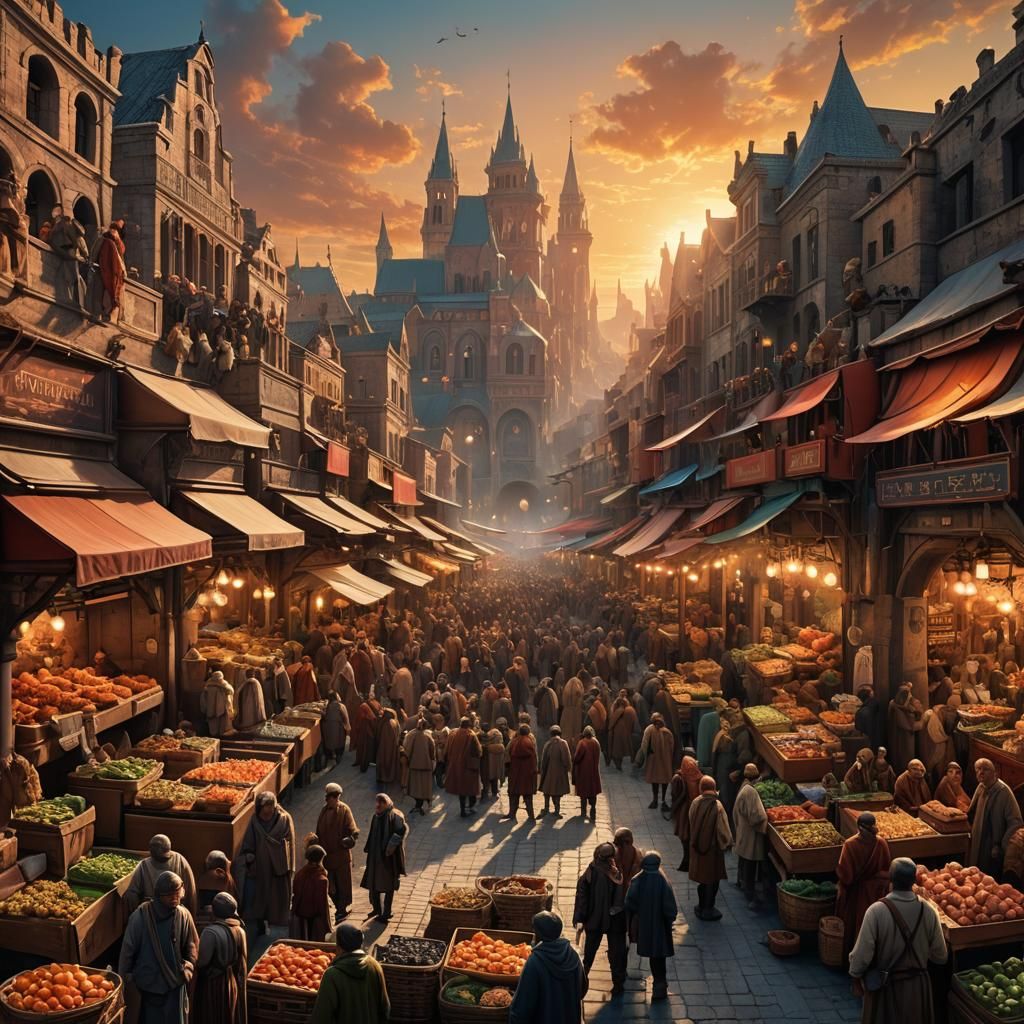 Vibrant Marketplace Concept Art in Michelangelo Style