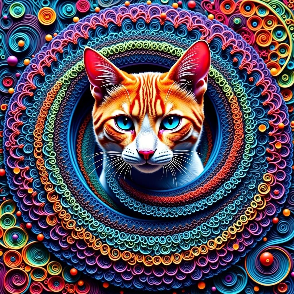 Cosmic Cat in Rainbow Fractal Zentangle Style