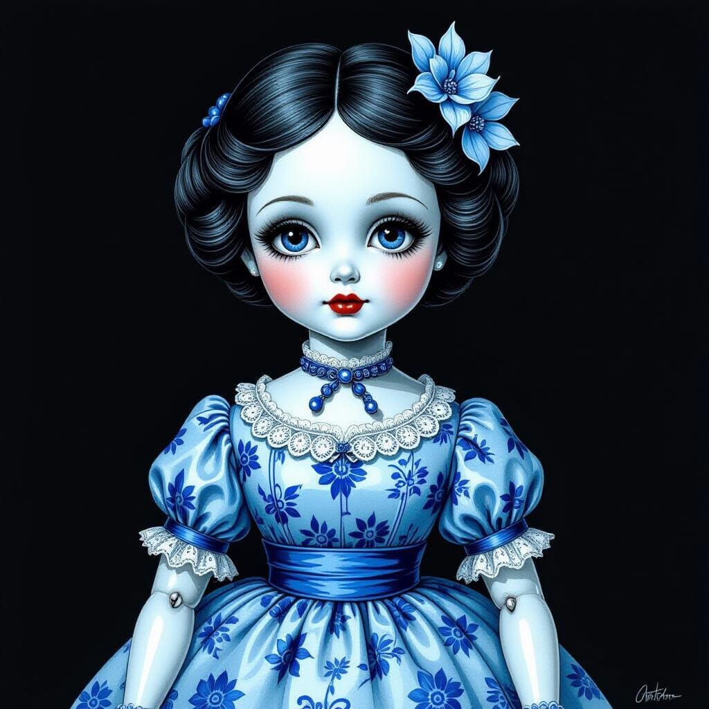 Cartoon Blue China Doll in Charcoal Drawing Style