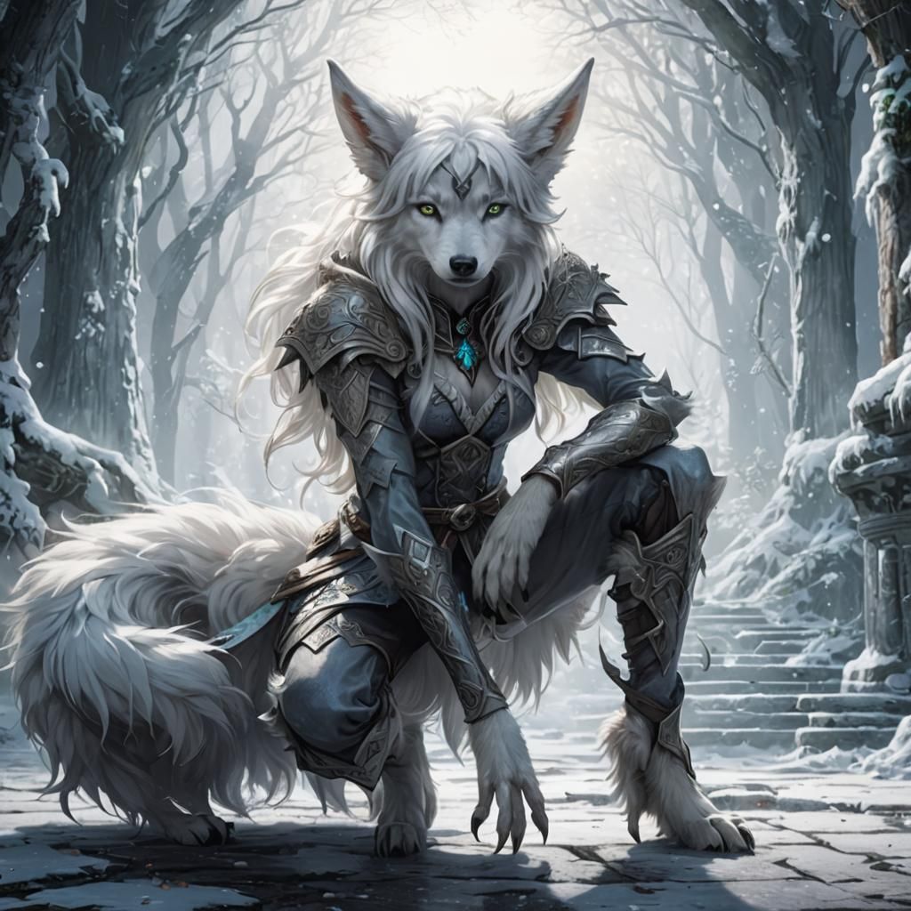 Beautiful white haired elf wolf hybrid crouching her fluffy ...