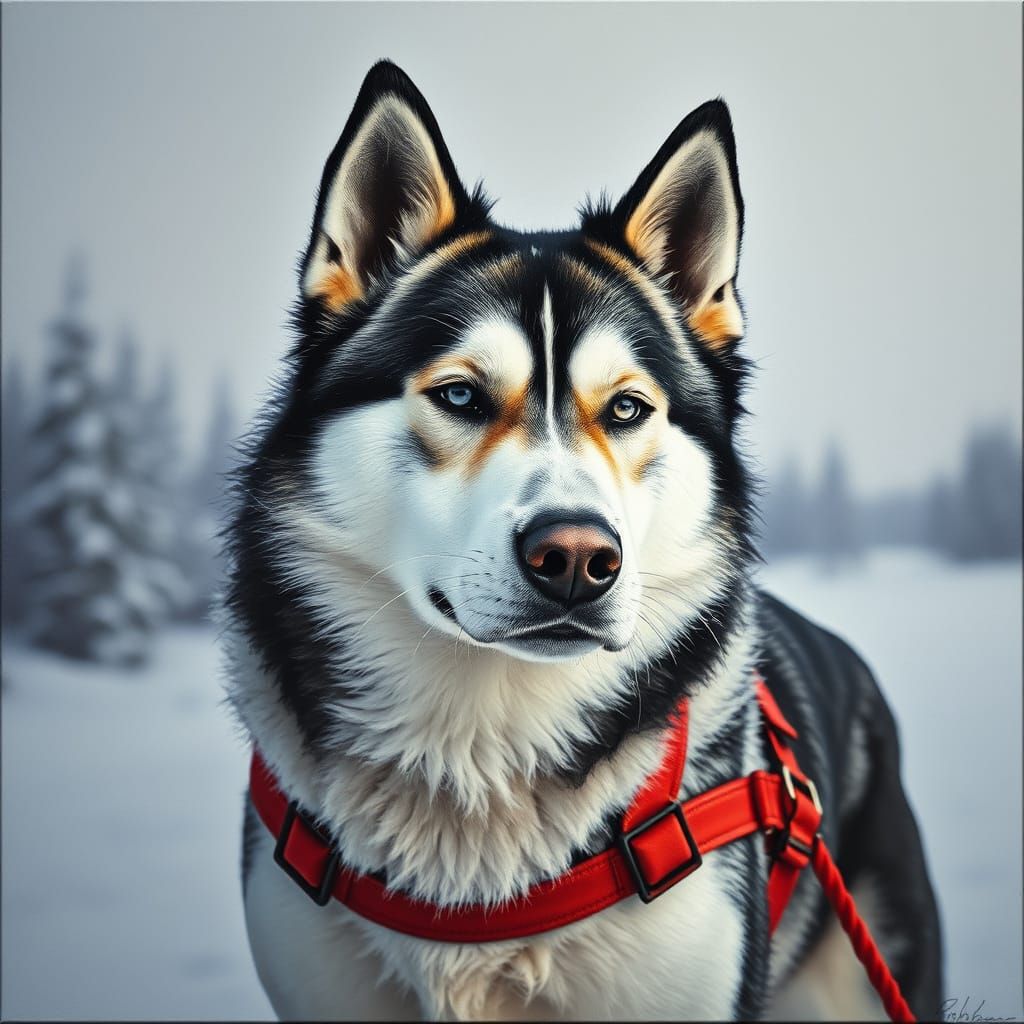 Majestic Husky Sled Dog in Gouache Watercolor Style
