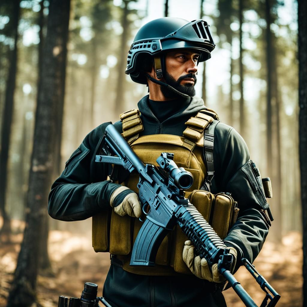 Soldier in Forest with Helmet and Gun