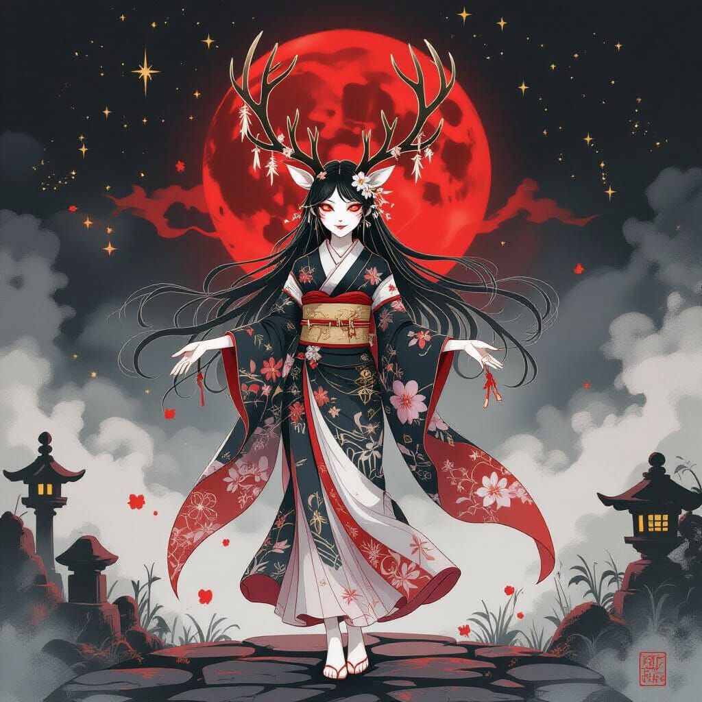 Mystical Deer Yokai Shrine Maiden in Sumi-e Style