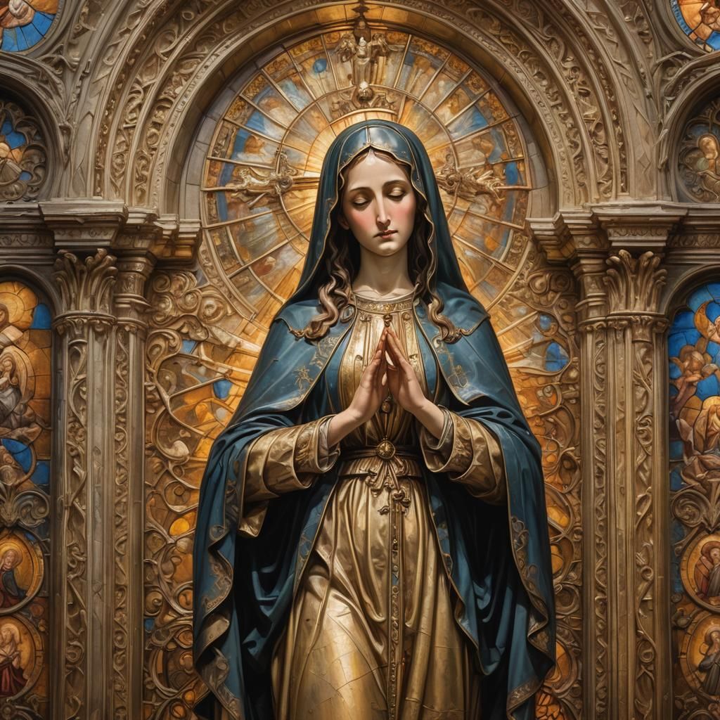 Holy Mary in Ornate Cathedral: Gothic Oil Painting