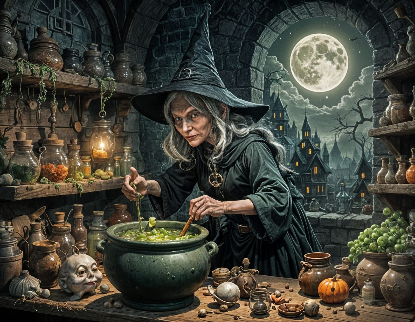 Evil Cartoon Witch Brews Potion in Cellar