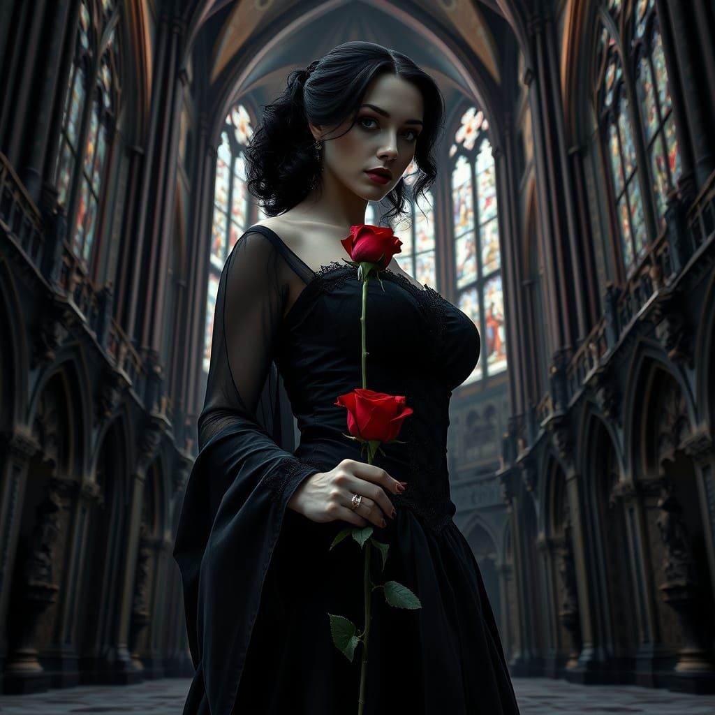 Gothic Woman in Cathedral with Rose, Hyperrealistic Style