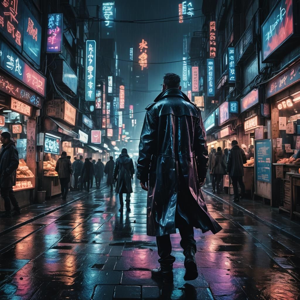 Cyberpunk Figure in Neon Cityscape