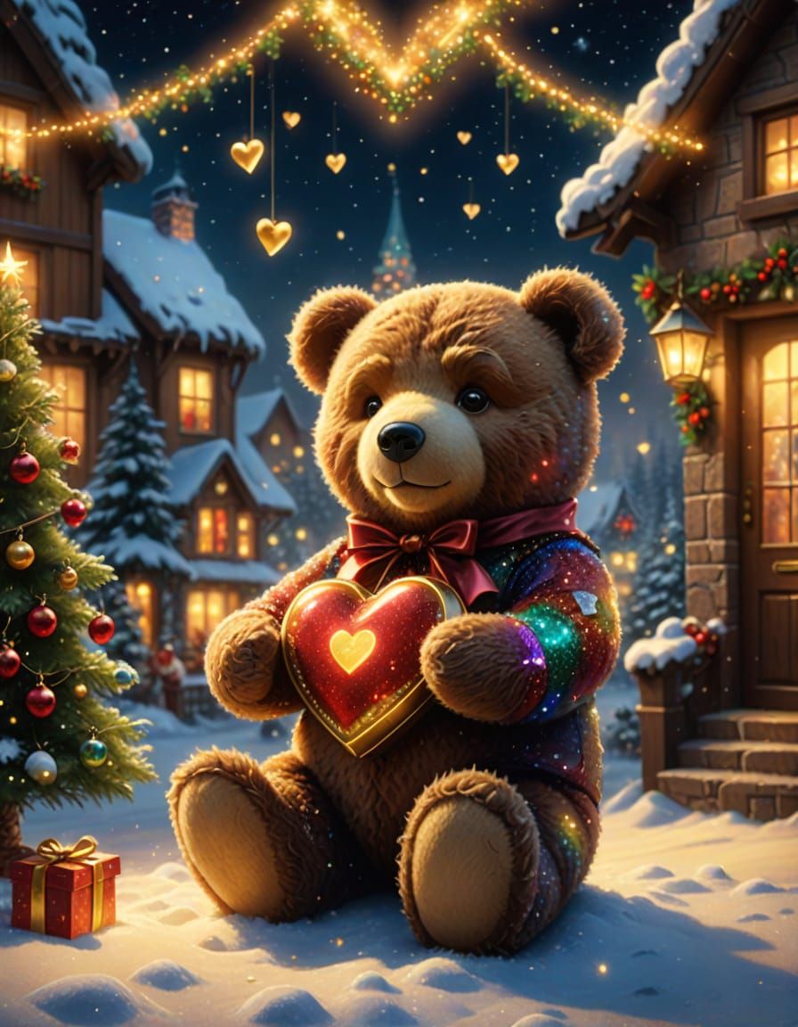 Christmas Teddy Bear Sending Love Heart in Ink Art