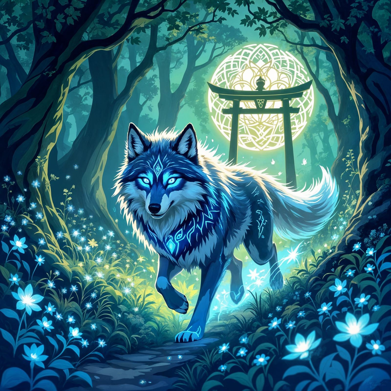 Bioluminescent Wolf Spirit in Ancient Forest, Art Nouveau