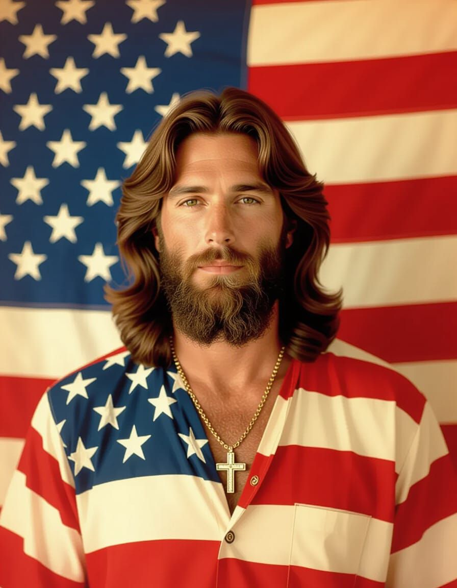 Jesus with Mullet on Faded American Flag in 70s Style