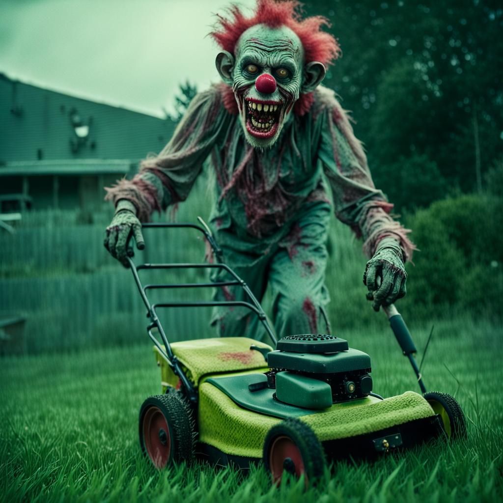 Maniacal Zombie Clown Pushing Lawnmower: Cinematic Film Stil...