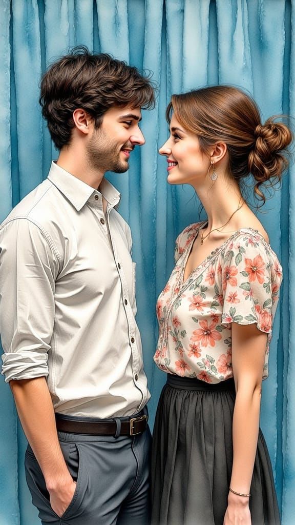 Affectionate Couple in Photo Booth Strip as Ink Drawing