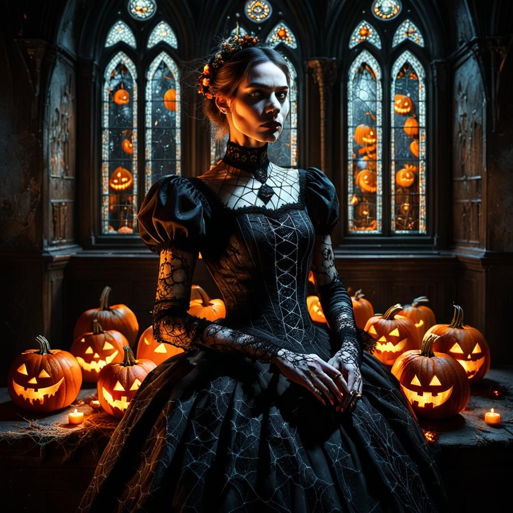 Gothic Woman with Jack-o-Lanterns in Dark Fantasy Art