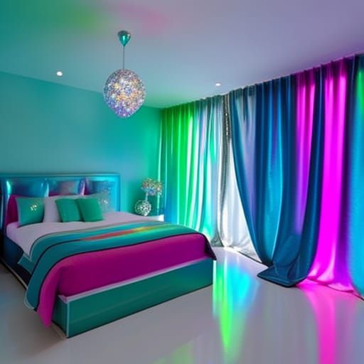Iridescent Mermaid bedroom with iridescent blue walls with iridescent green accents& iridescent purple accents& sliver w...