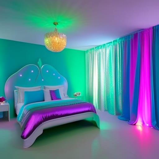 Iridescent Mermaid bedroom with iridescent blue walls with iridescent green accents& iridescent purple accents& sliver w...