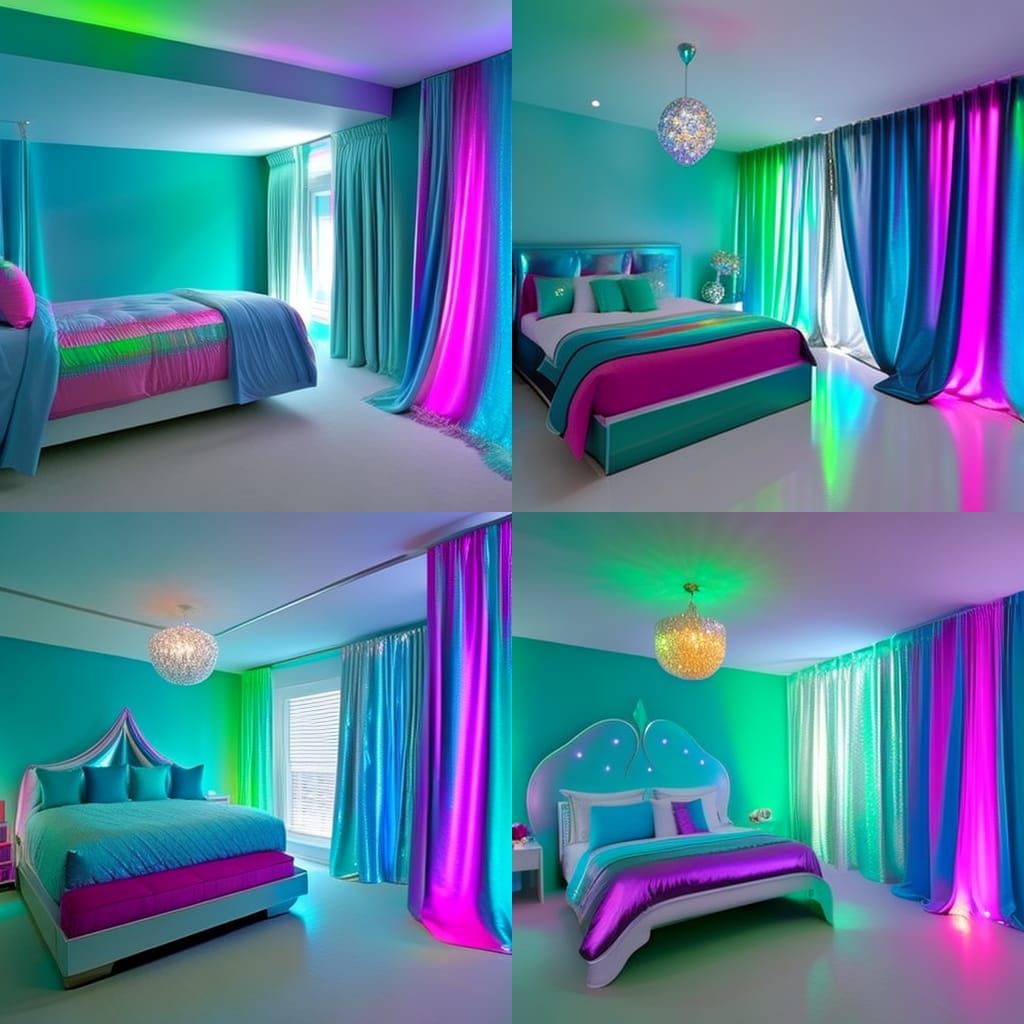 Iridescent Mermaid bedroom with iridescent blue walls with iridescent green accents& iridescent purple accents& sliver w...