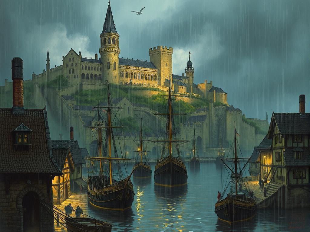 Dark Fantasy Medieval Port City in the Rain