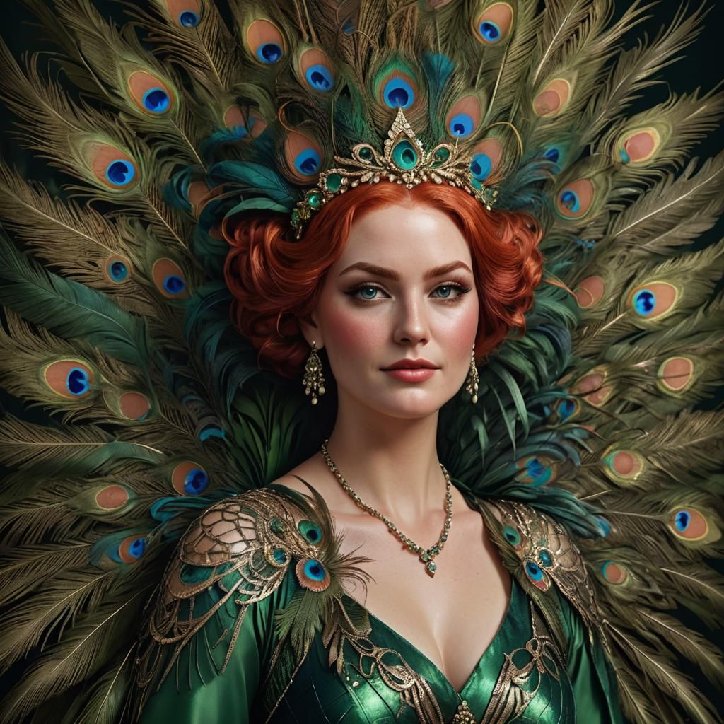 Beautiful Woman with Red Hair and Peacock Feathers