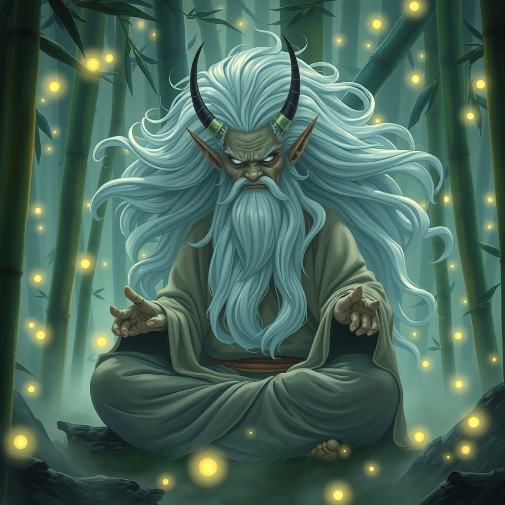 Ancient Yōkai Meditates in Bamboo Forest, Surreal Art