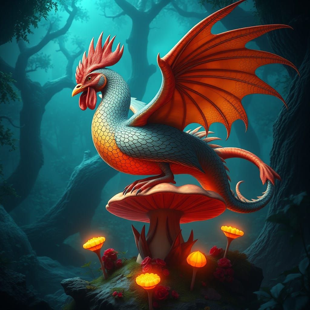Majestic Dragonrooster Amidst Enchanted Forest