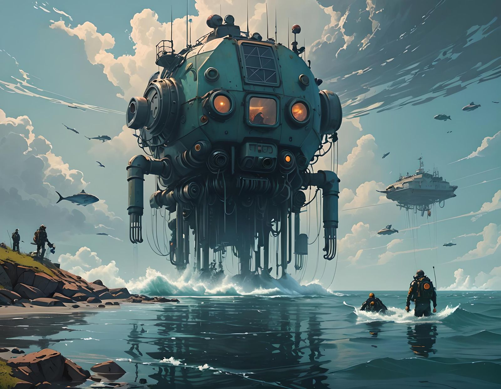 Divers Swim in Calm Sea: Ominous Concept Art