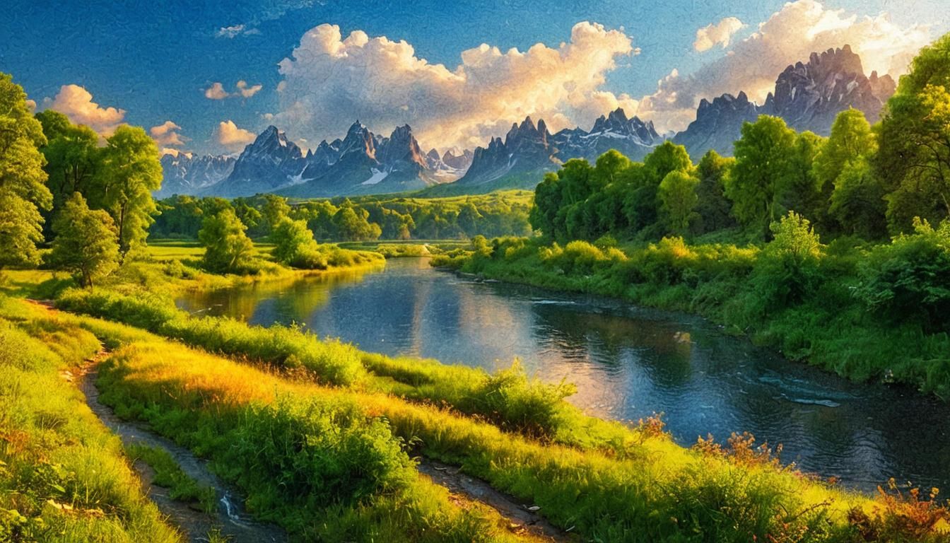 Serene River Landscape with Distant Mountains