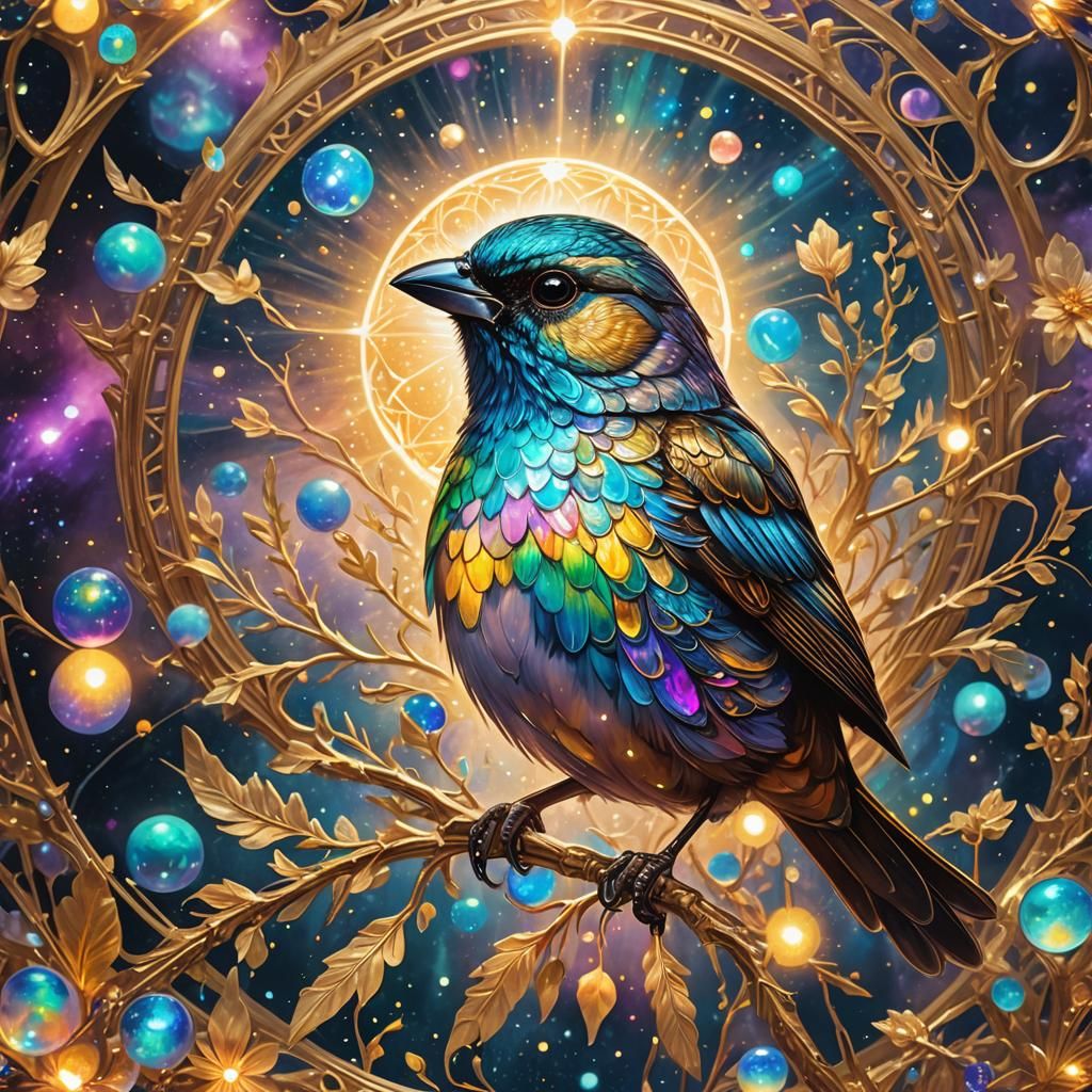 Ethereal Cosmic Sparrow Emitting Golden Light