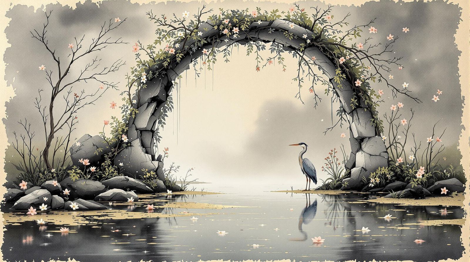 Surreal Garden Arch in Weathered Parchment Style