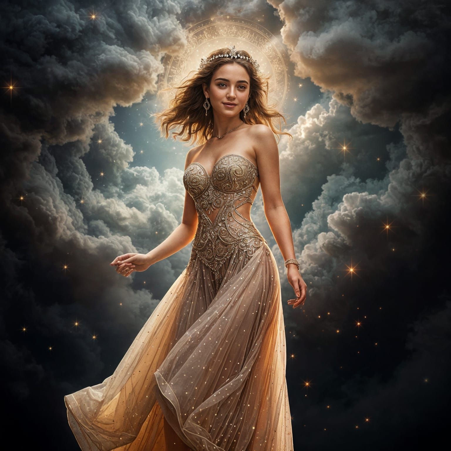 Hyperrealistic Young Goddess Emerges from Cloud