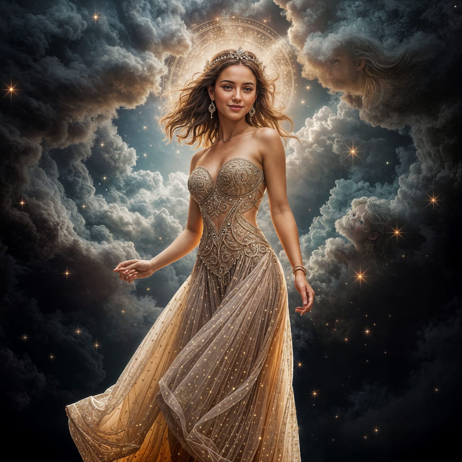 Goddess Emerges from Cosmic Cloud in Hyperrealistic Style