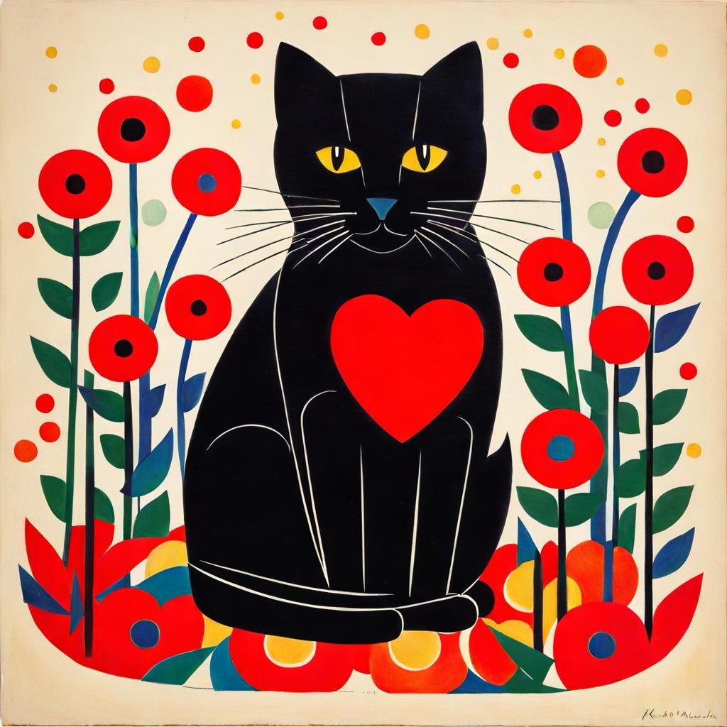 Abstract Cat on Pillow with Flowers in Suprematism Style