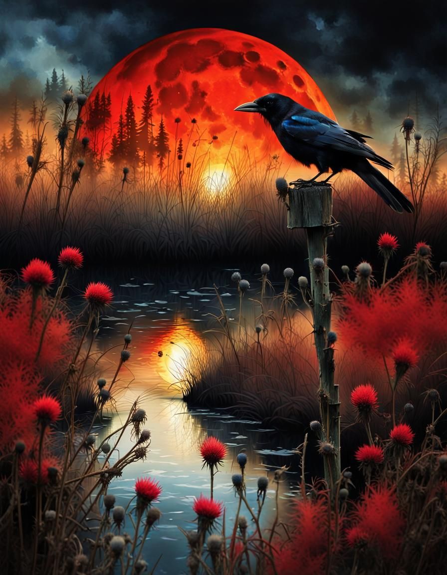 Dramatic Crow Portrait Under Moon in Surreal Style